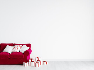 red sofa in modern living room with blank wall, christmas interior mockup, 3d render