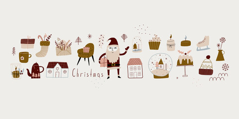 modern boho hygge minimalism. merry christmas and new year. winter stickers for design. vector set of christmas elements.