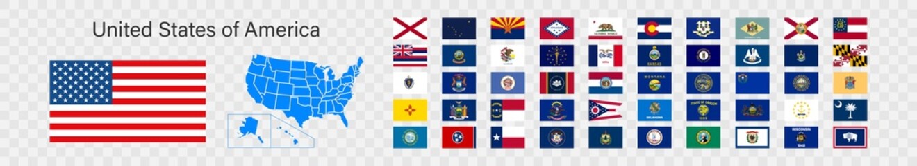 State flags of United States of America set icon and map. Regions flag vector