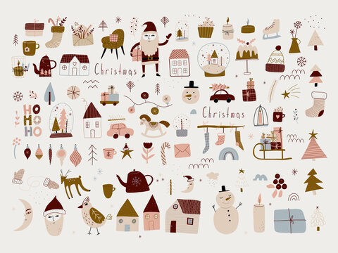 modern boho hygge minimalism. merry christmas and new year. winter stickers for design. vector set of christmas elements.