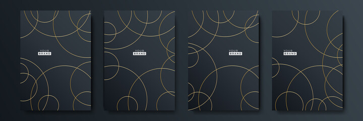 Modern black cover design set. Luxury creative line pattern in premium colors: black, gold and white. Formal vector for notebook cover, business poster, brochure template, magazine layout