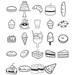 Set of vector lineart cake and ice cream doodle