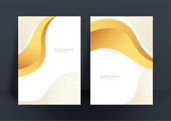 Abstract white and gold cover design template background. Gold abstract shapes pattern in premium gold color. Luxury golden stripe vector layout for business background, certificate, brochure template