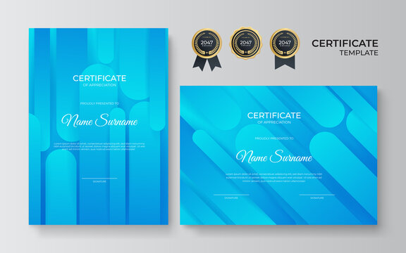 Modern blue certificate of achievement template with gold badge and border. Premium luxury minimal certificate template design.