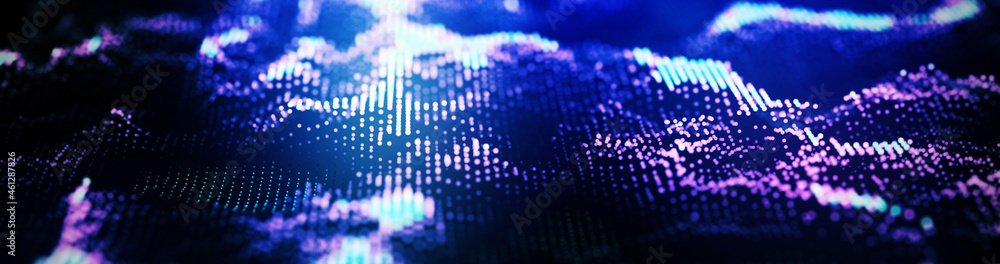 Poster wave of dust particles. futuristic point wave abstract wave dots in dark background . 3d rendering