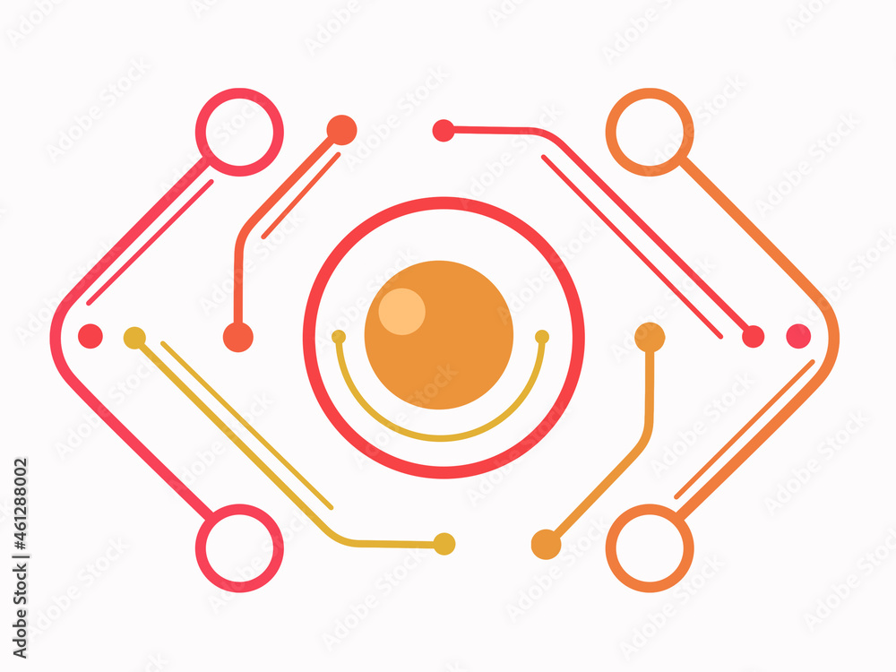 Poster technological eye from schematics. the pattern of lines forms the eye. schematic eye. orange-blue ou