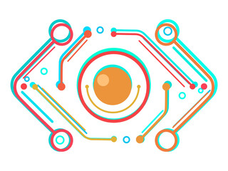 technological eye from schematics. The pattern of lines forms the eye. schematic eye. Orange-blue outline on white background. cybernetics style