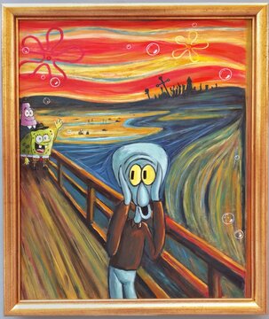 Skrik. The scream of Edvard Munch with SpongeBob cartoon. 