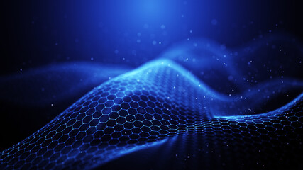 Abstract wave of connected hexagons. Futuristic polygonal background. Artificial intelligence. Big data technology. 3d rendering
