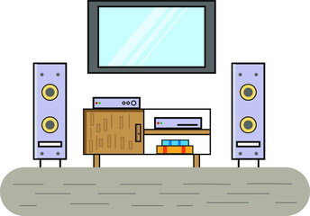 TV screen on the wall with large speakers and a table with a video and radio professionally and beautifully on a white background