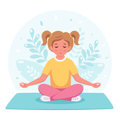 Girl meditating in lotus pose. Gymnastic, yoga and meditation for children. Vector illustration