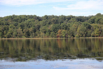 glass like reflection of the trees on a lake