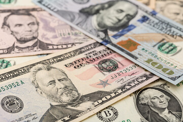 Money US dollars banknotes, a lot of different money. Bitcoin exchange for dollar inflation. Worldwide cryptocurrency and digital payment system. Availability