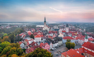 Tabor, Czechia. Aerial view of historic old town on sunrise
