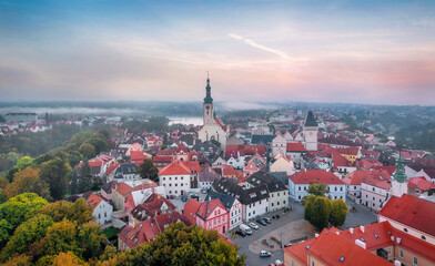 Tabor, Czechia. Aerial view of historic old town on sunrise