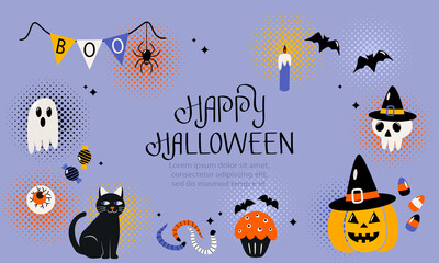 Happy Halloween banner or greeting card with hand lettering.