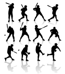 Isolated vector silhouettes of baseball players.