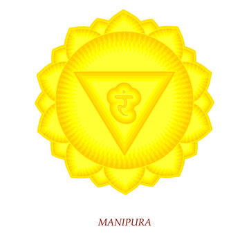 The third chakra of Manipur. Solar Plexus Chakra with Hindu Sanskrit. Yellow is a flat symbol of meditation, yoga. Vector