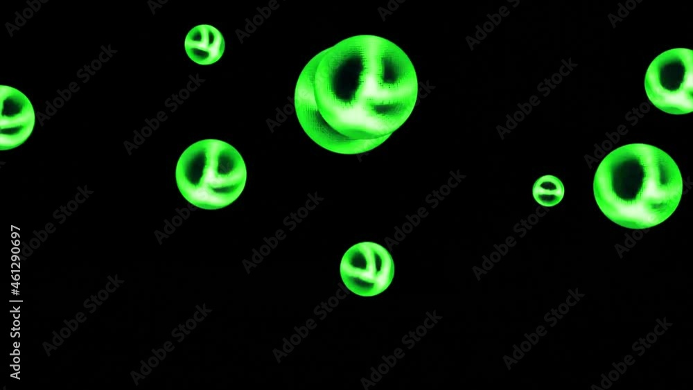 Poster abstract colorful transparent glowing spheres rotating isolated on a black background, seamless loop