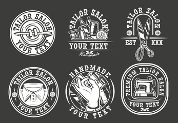 Set of vintage badges on the tailor salon theme for dark background. Vector