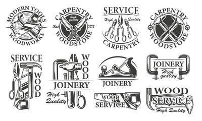 Set of vintage carpentry badges with wood service tools on the white background. Vector