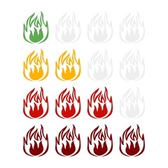Spicy hot indicator on the rise isolated on white background. Sticker different color fire for menu restaurant in flat style.