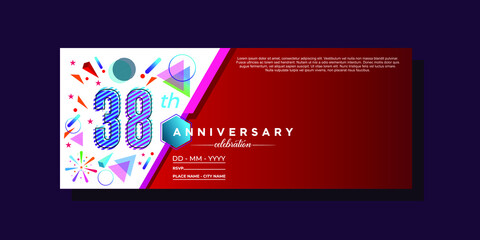38th anniversary, anniversary celebration vector design on colorful geometric background and circle shape.