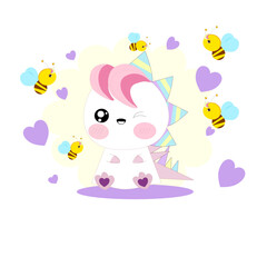 Cute little dinosaur with hearts and little bee around. Can be used for cards, kids, baby fashion, textile, fabrics, posters, t-shirts. Isolated design elements.