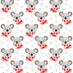 Seamless background of winter koala with red scarf