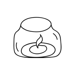 Glass, transparent candlestick, a candle inside the fire burns. Home decor in a minimalist, Scandinavian, Nordic and cozy Hugge style. Hand drawn linear art illustration for your design. Isolated
