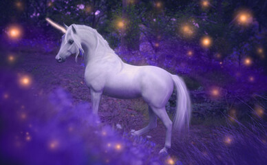 A 3d digital render of a white unicorn standing in a purple glade at night with magic glowing all around him. 