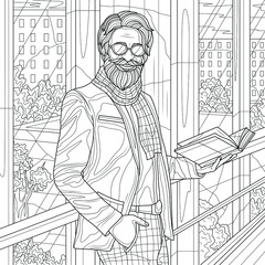A man in a suit with a beard and glasses stands with a book at the window.Coloring book antistress for children and adults. Illustration isolated on white background.Zen-tangle style. Hand draw