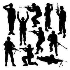 Isolated vector silhouettes of modern soldiers in different positions.