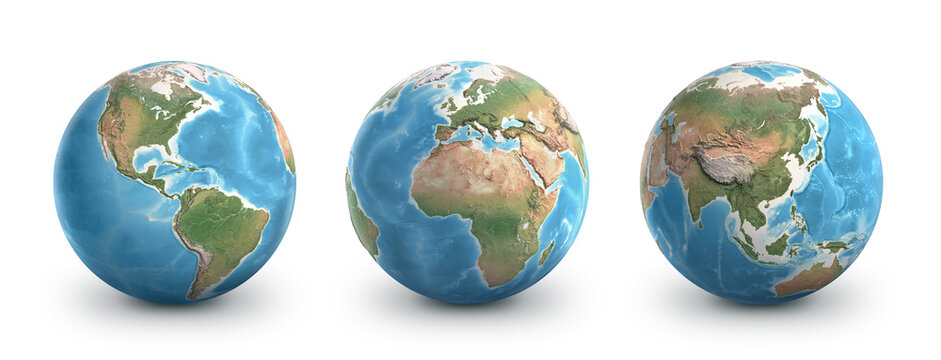 Planet Earth globes, isolated on white. Geography of the world from space, focused on America, Europe, Africa and Asia - 3D illustration, elements of this image furnished by NASA.