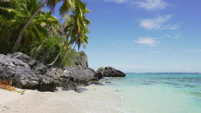 Black volcanic stones on a white sand beach and palm trees landscape. Summer vacation on a tropical island overlooking the sea.
