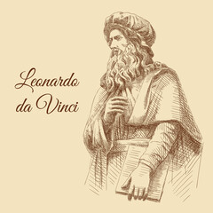 Fototapeta na wymiar Sketch portrait of Leonardo da Vinci's statue in Florence, Italy. Man with a book in his hand and a hat on head. Vintage brown and beige card, hand-drawn, vector. Old design. Line graphics.