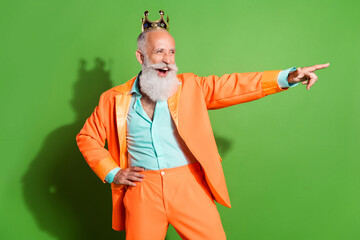 Portrait of retired cheerful cool grey-haired man wearing crown showing copy space isolated over...
