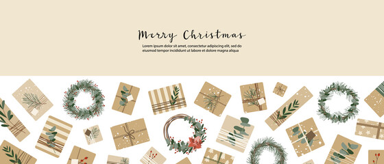 Christmas presents in kraft paper, wreaths. Rustic craft gift box. Eco decoration, eucalyptus, spruce. Xmas and New 2022 Year celebration. Vector flat cartoon illustration, winter banner, card, flyer