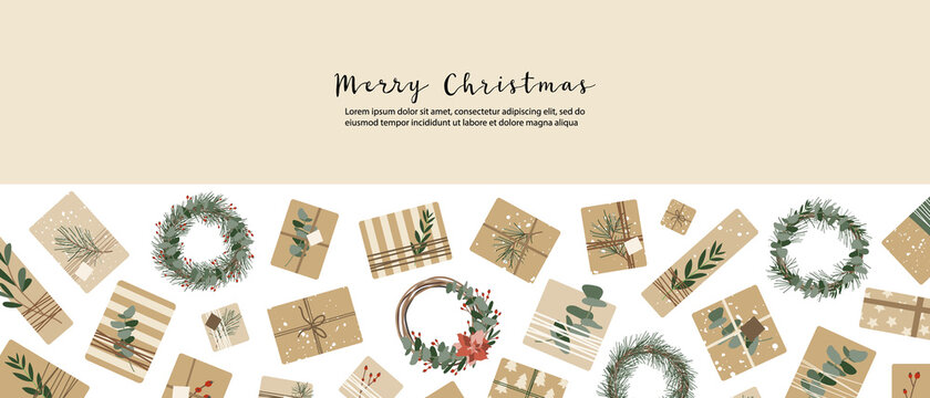 Christmas presents in kraft paper, wreaths. Rustic craft gift box. Eco decoration, eucalyptus, spruce. Xmas and New 2022 Year celebration. Vector flat cartoon illustration, winter banner, card, flyer