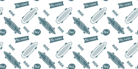Vector Mono Color Illustration of Penny Board with Word. Skateboarding Seamless Pattern with Cartoon Skate Board. Line Art Style Skate Background