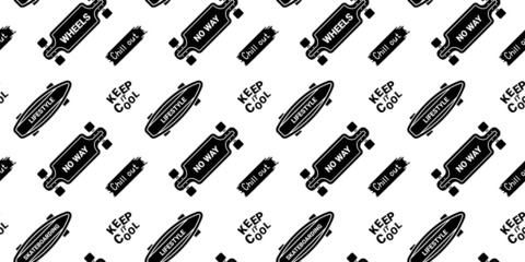 Vector Illustration of Black Board with Word. Skateboarding Seamless Pattern with Cartoon Skate Board. Line Art Style Skate on White Background