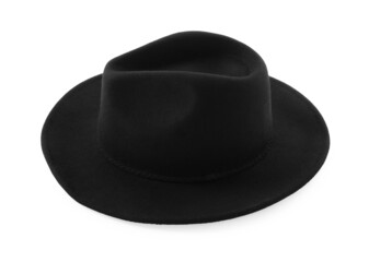 Stylish black hat isolated on white. Trendy headdress