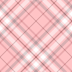 Seamless plaid check pattern in pale pink, faded burgundy, grey and white. Diagonal repeat. 