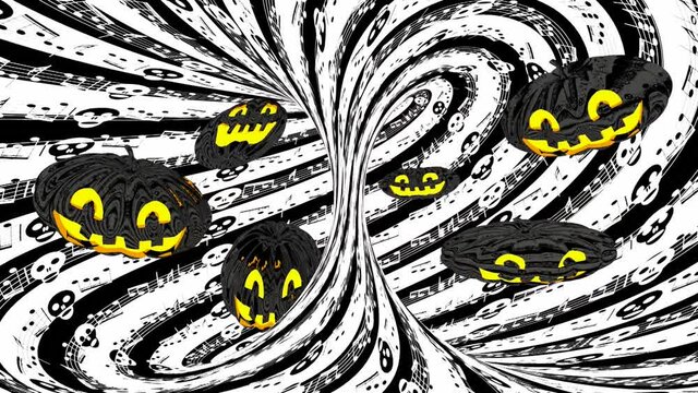 3D rendering HALLOWEEN musical spiral tornado with skulls instead of musical signs, levitating and stretch Jack-o-lantern pumpkins, on background of black and white musical notes, 360 degree rotation