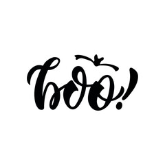 Fototapeta premium Boo! hand drawn text isolated on white background. Modern brush ink calligraphy, hand lettering. Black and white design. Vector illustration. The bat silhouette. Happy halloween card. 