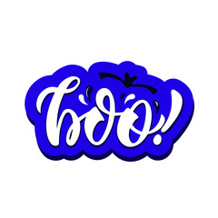 Boo! Halloween holiday quote, sticker, hand drawn text on pirple background. Modern brush ink calligraphy, hand lettering. Vector illustration. The bat silhouette. Happy halloween card.