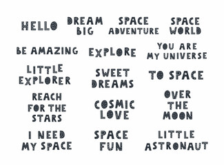 Obraz premium Collection of Space black and white hand drawn lettering. Vector illustration.