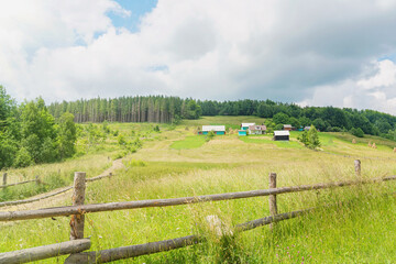 Obraz premium Houses of a mountain village on a hill near the forest