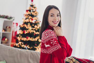 Profile side photo of young cheerful girl hands touch jumper collar enjoy christmas time decoration indoors