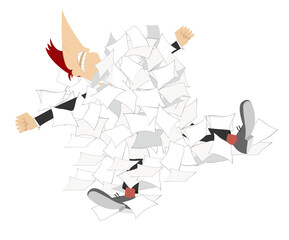 Businessman and a pile of papers illustration. 
Man lies under the big pile of papers or documents isolated on white
